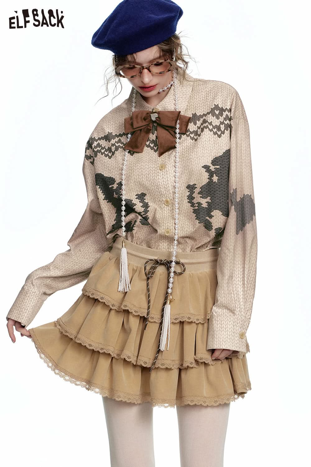 ELFSACK Retro Preppy Style Detachable Bow Original Printed Shirt