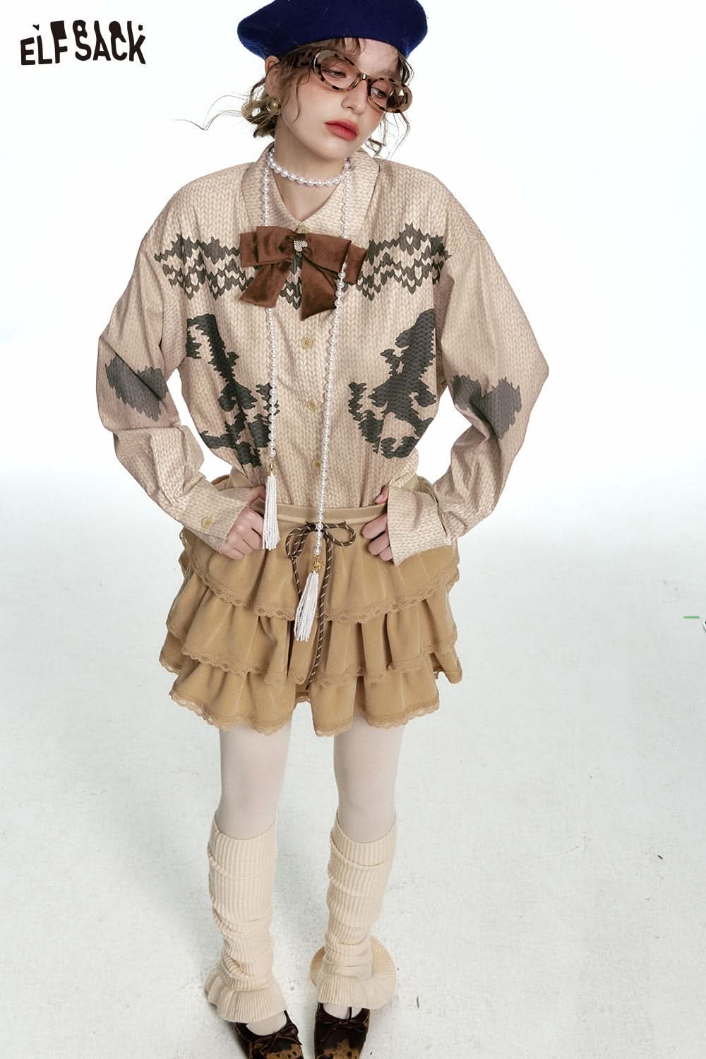 ELFSACK Retro Preppy Style Detachable Bow Original Printed Shirt