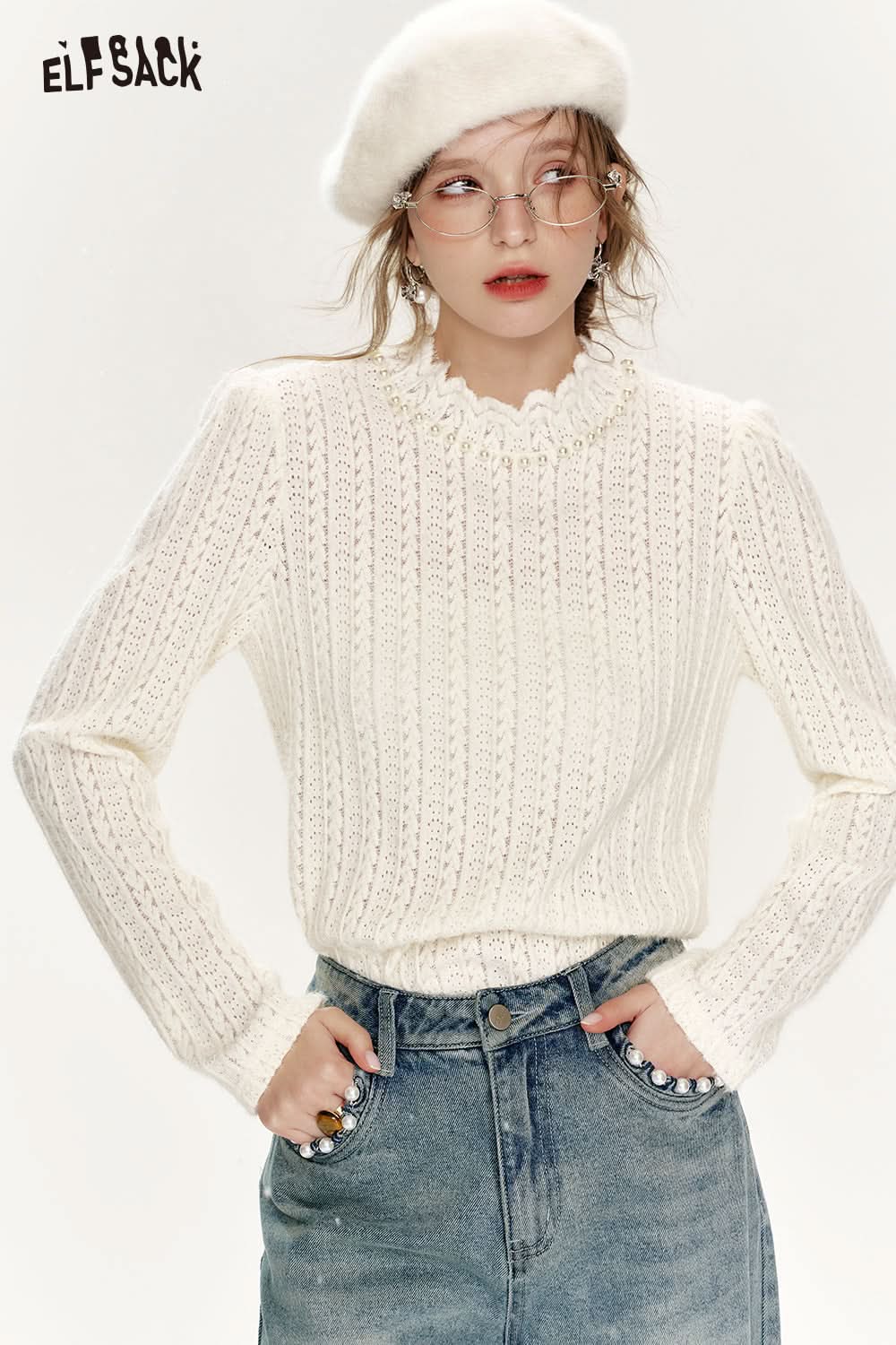 ELFSACK White semi high collar lace base shirt, women pearl inner top