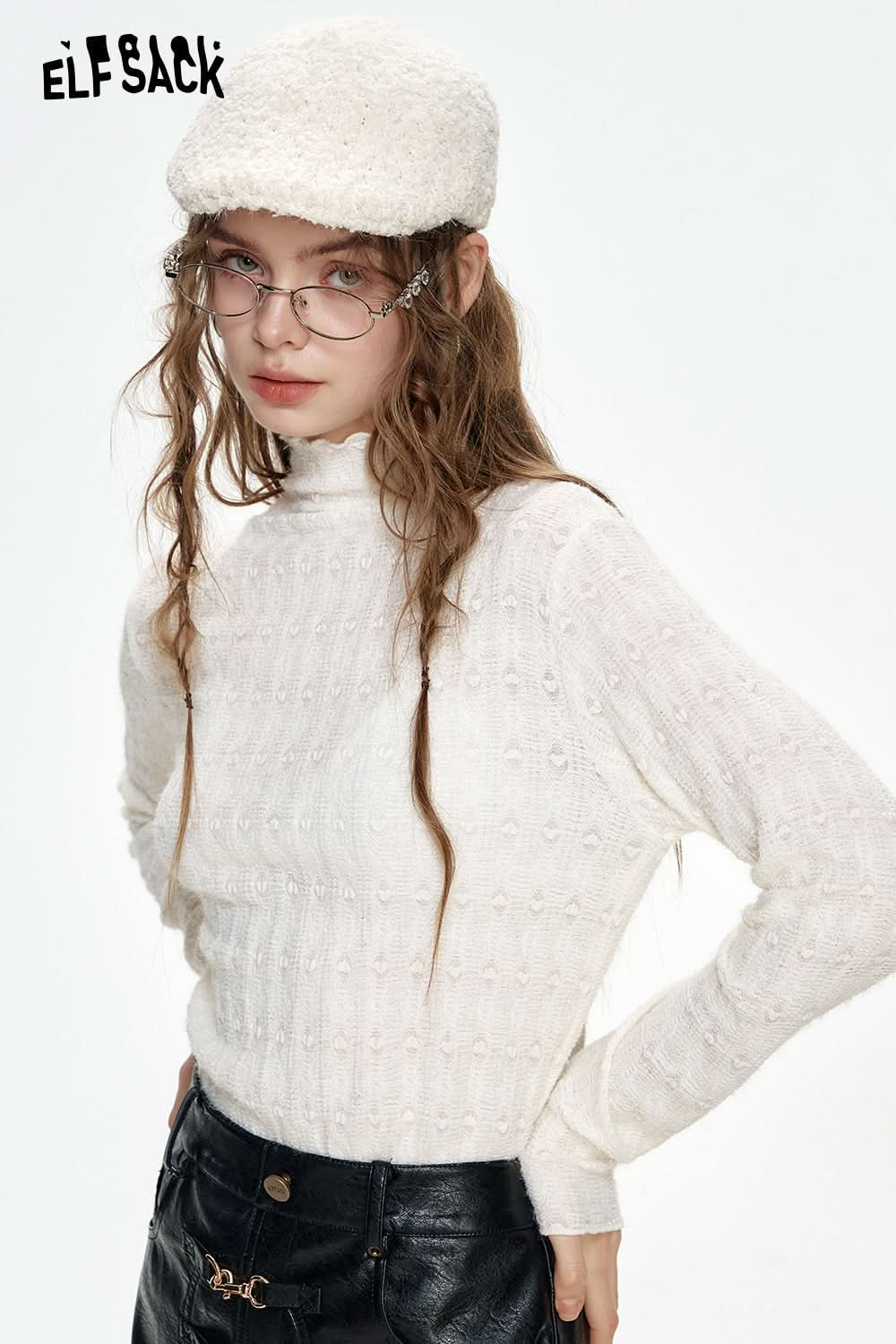 ELFSACK White lace ruffled high collar bottoming shirt all-match soft top