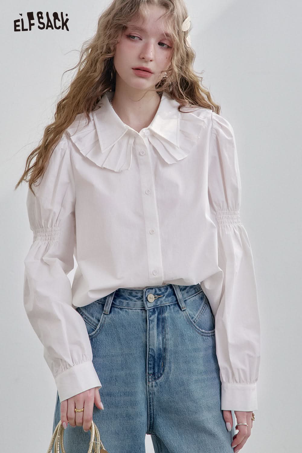 ELFSACK White Ruffled Doll Collar Cotton White Shirts Long-sleeved Women European Clothes Tops