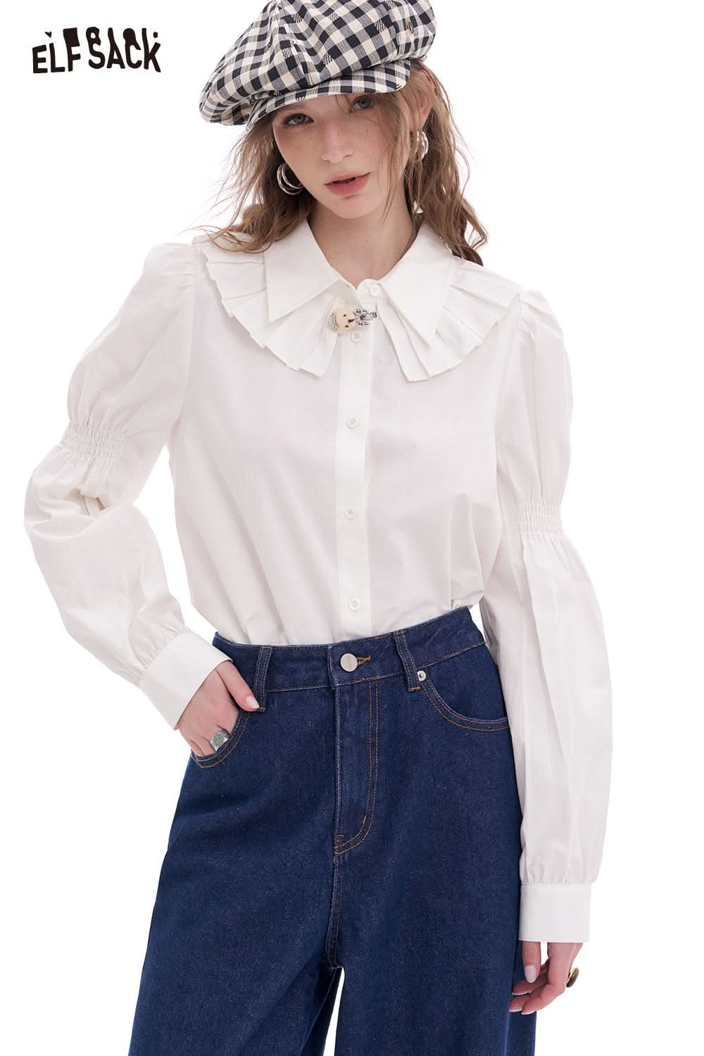 ELFSACK White Ruffled Doll Collar Cotton White Shirts Long-sleeved Women European Clothes Tops