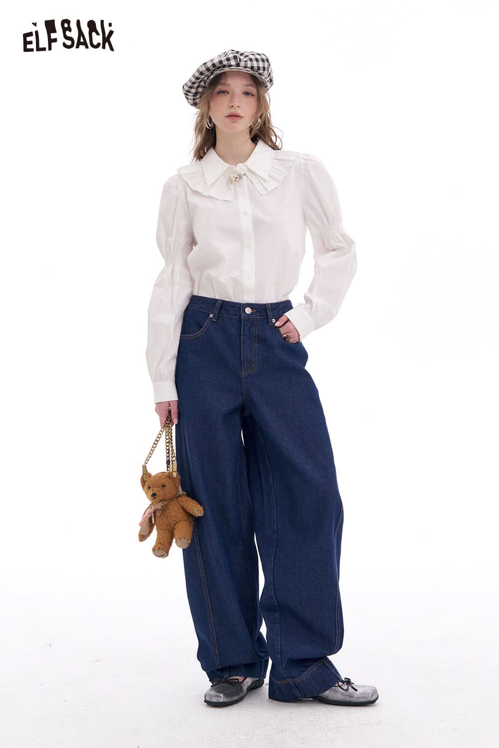 ELFSACK White Ruffled Doll Collar Cotton White Shirts Long-sleeved Women European Clothes Tops