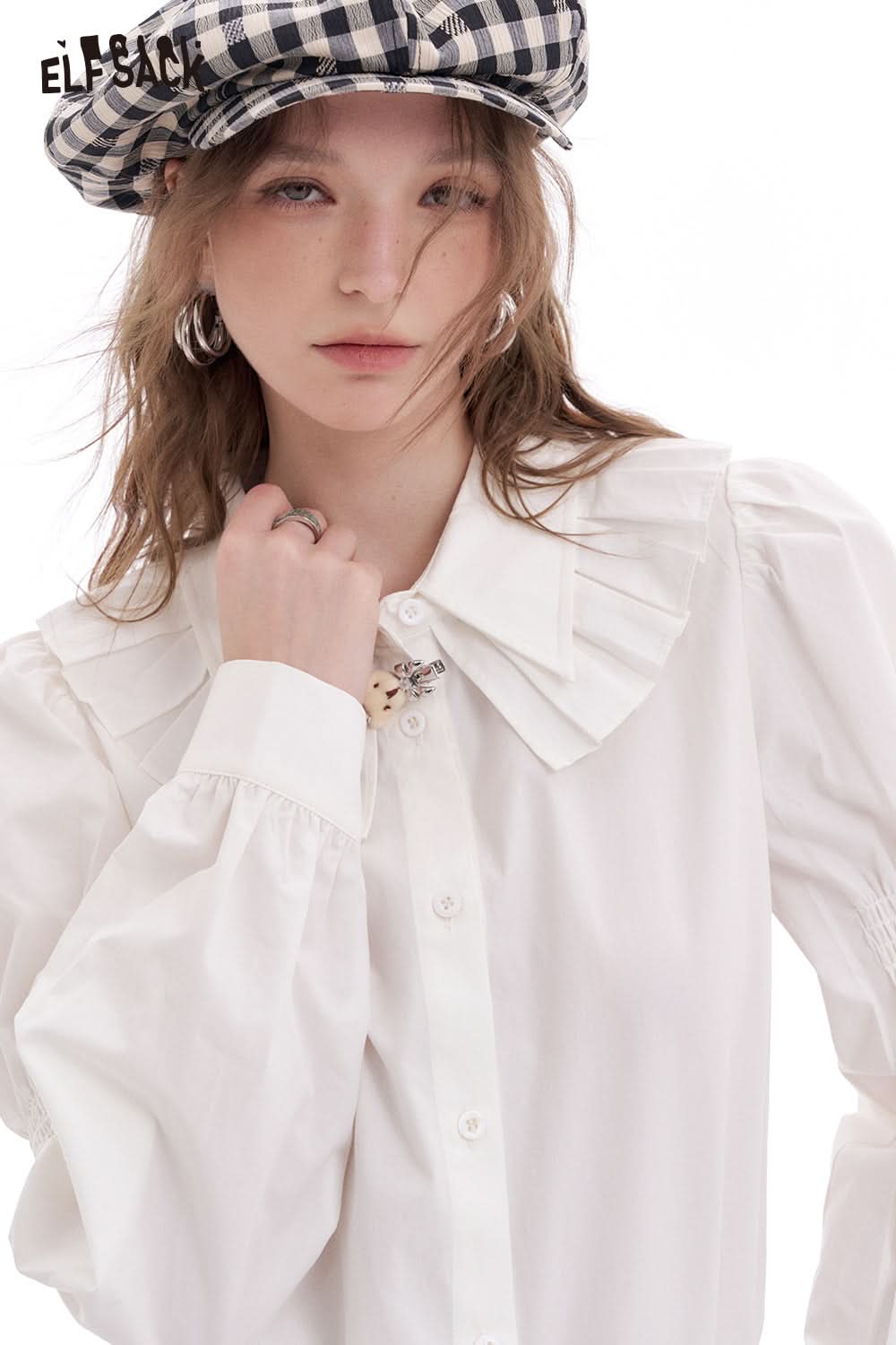 ELFSACK White Ruffled Doll Collar Cotton White Shirts Long-sleeved Women European Clothes Tops