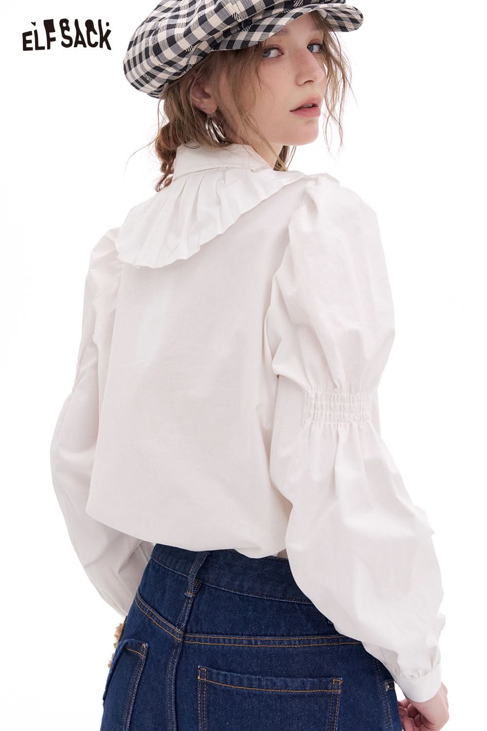 ELFSACK White Ruffled Doll Collar Cotton White Shirts Long-sleeved Women European Clothes Tops