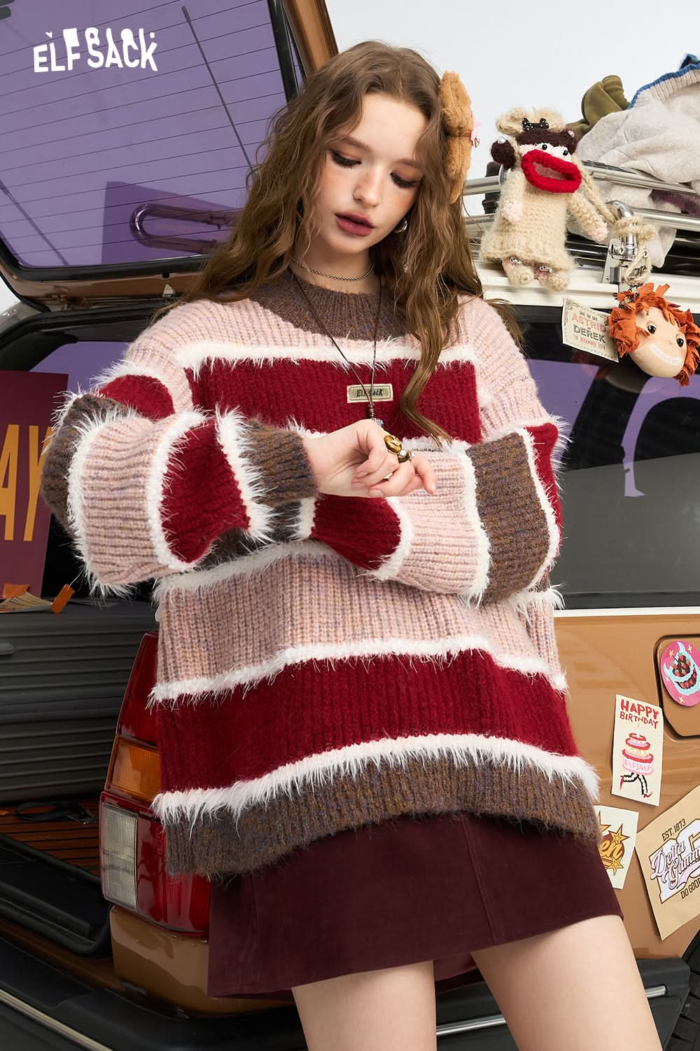 ELFSACK Plush velvet contrasting striped pullover sweater, loose soft and sticky top
