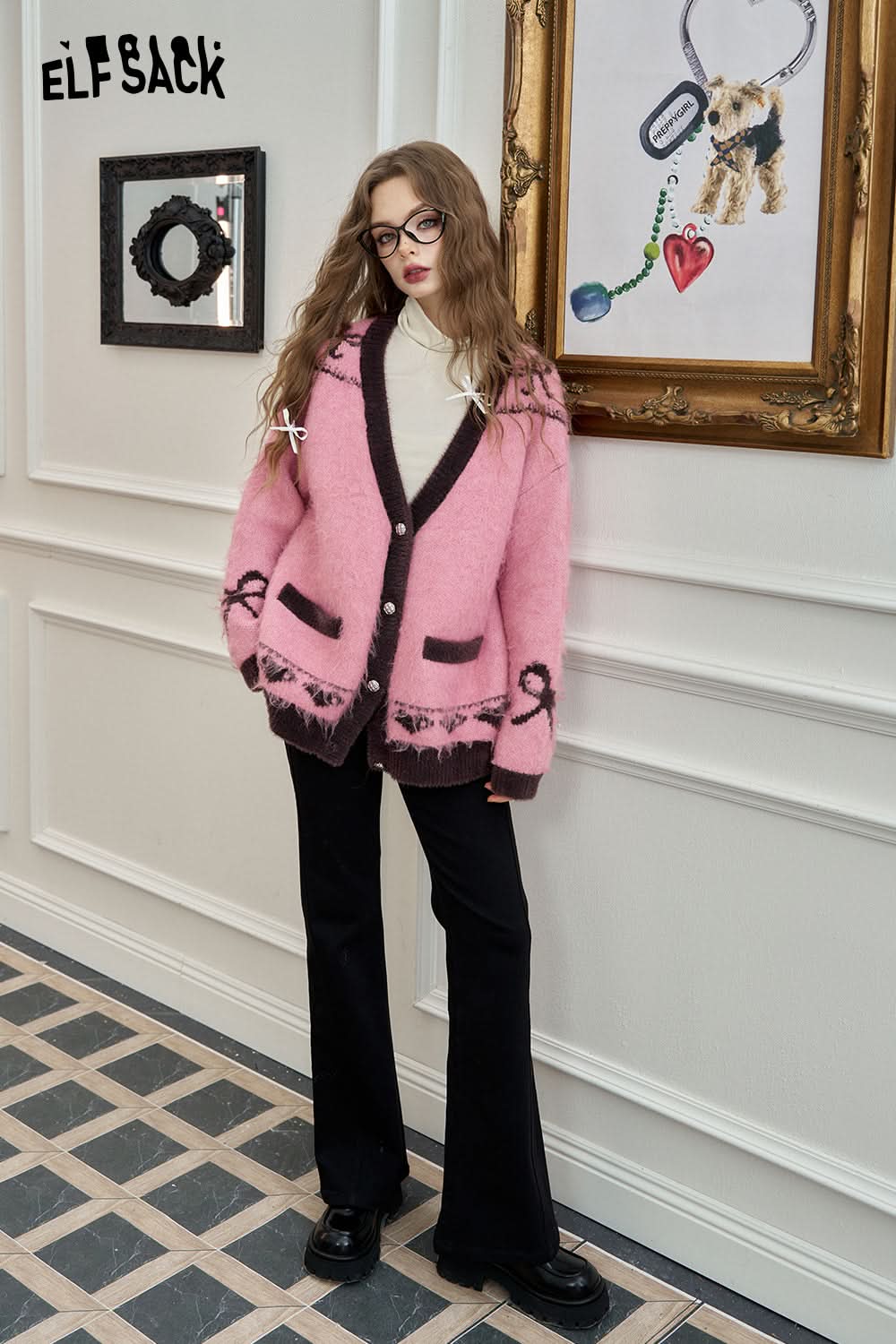 ELFSACK Cardigan sweater, loose sweet contrasting color cat soft and sticky