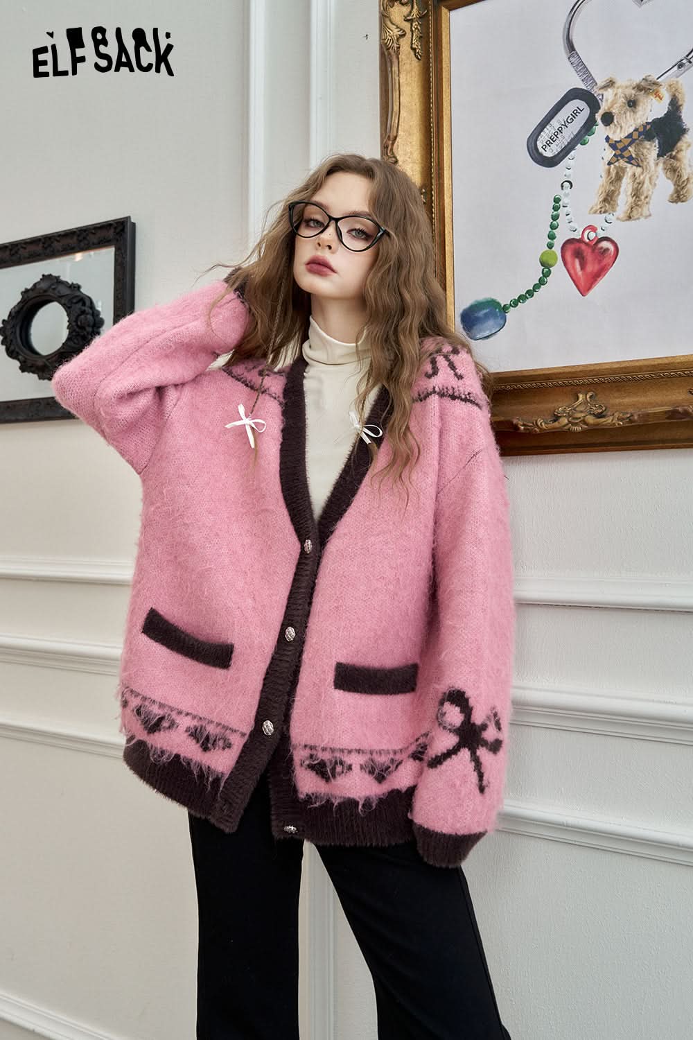 ELFSACK Cardigan sweater, loose sweet contrasting color cat soft and sticky