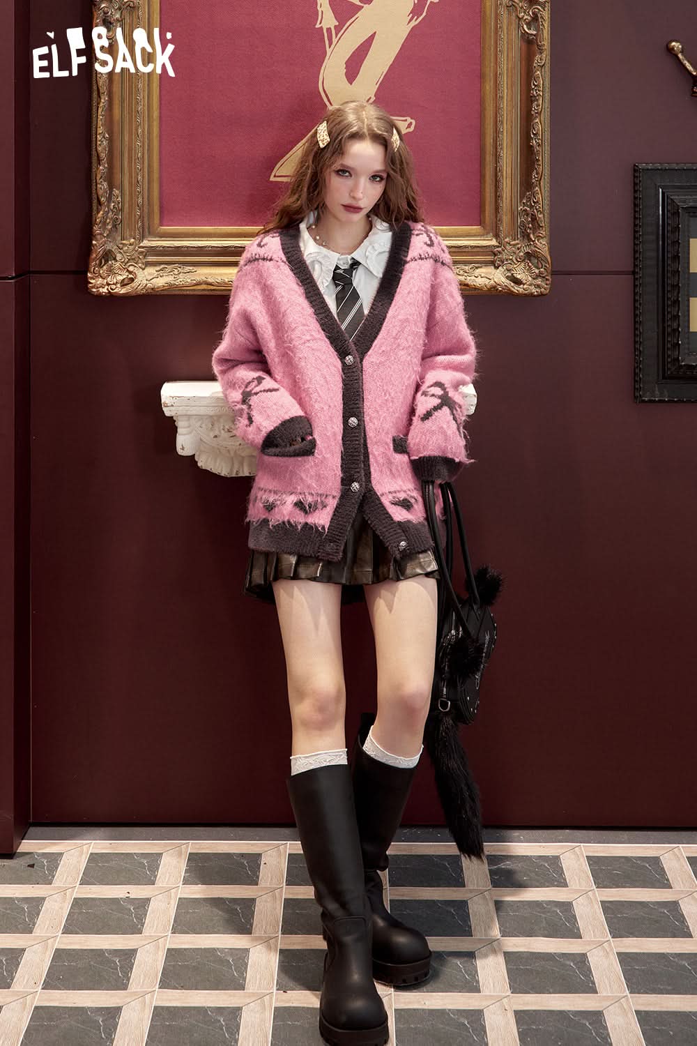 ELFSACK Cardigan sweater, loose sweet contrasting color cat soft and sticky