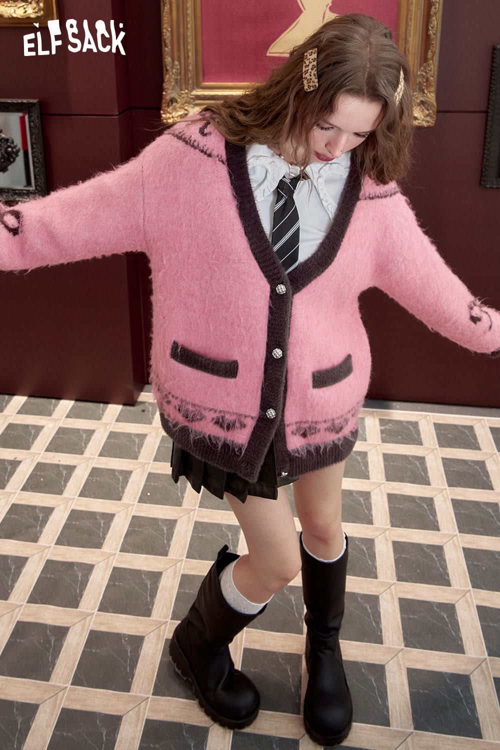 ELFSACK Cardigan sweater, loose sweet contrasting color cat soft and sticky