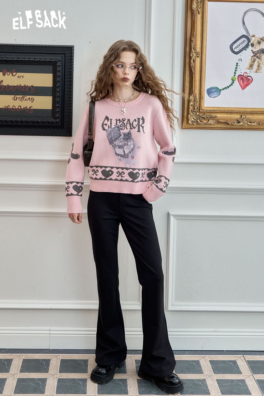 ELFSACK Short sweater knitted jacquard loose soft preppy style