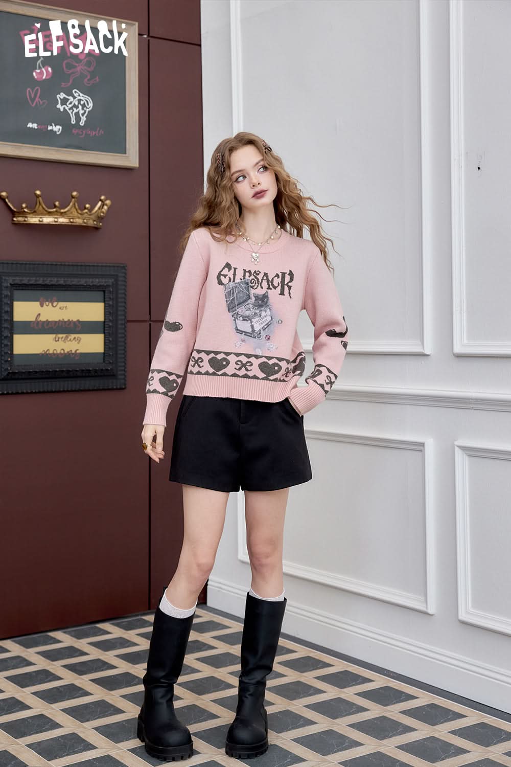 ELFSACK Short sweater knitted jacquard loose soft preppy style