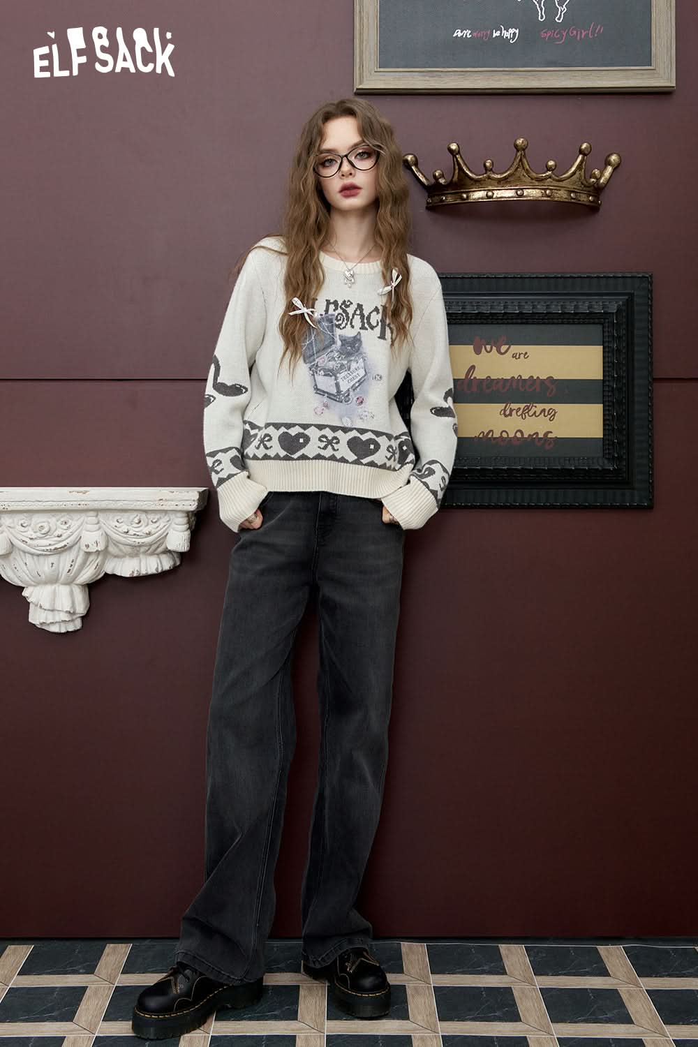 ELFSACK Short sweater knitted jacquard loose soft preppy style