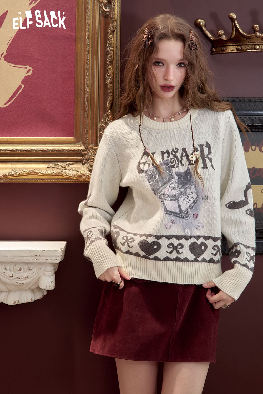 ELFSACK Short sweater knitted jacquard loose soft preppy style