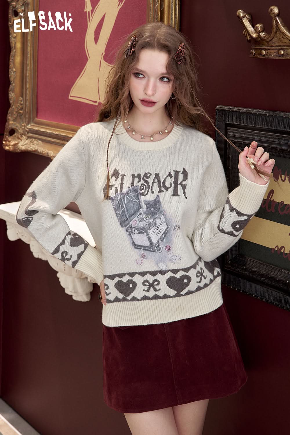 ELFSACK Short sweater knitted jacquard loose soft preppy style