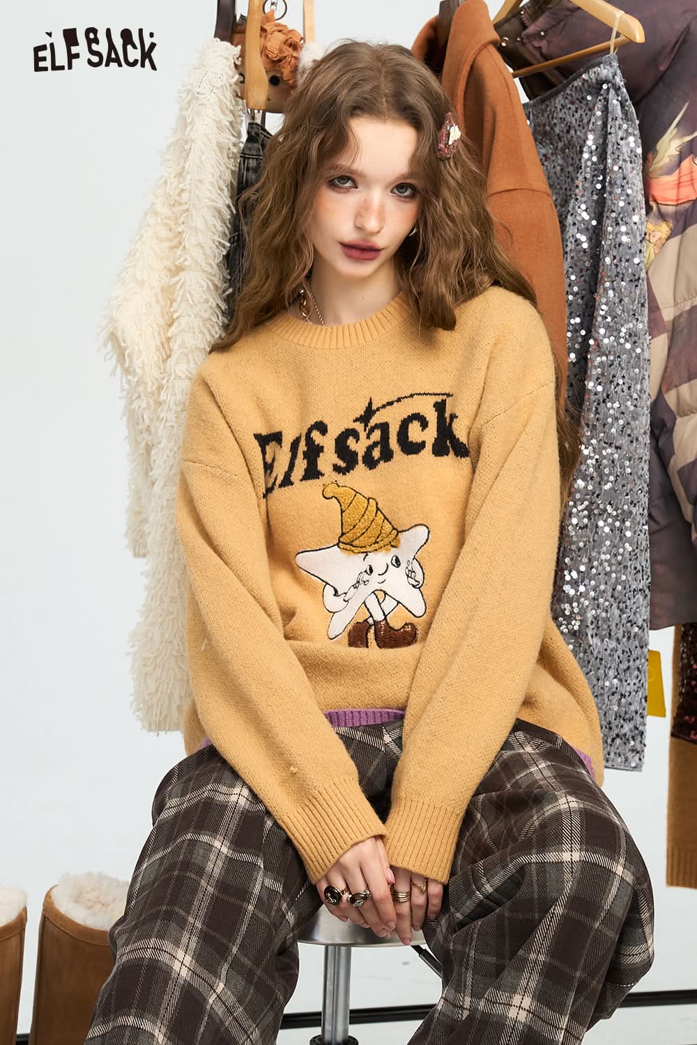 ELFSACK Star jacquard pullover sweater, lazy style loose soft and sticky top
