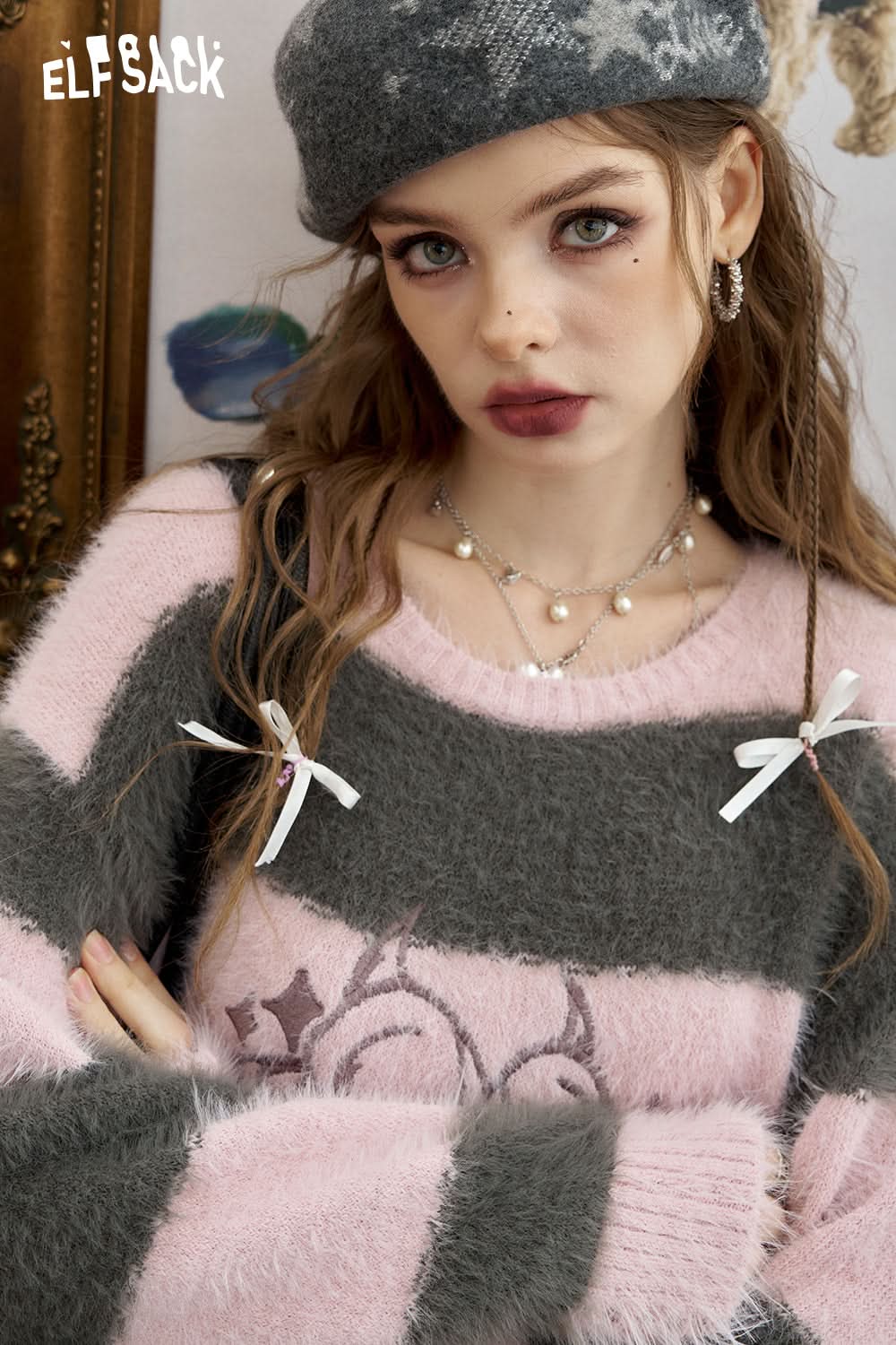 ELFSACK Long-sleeved pullover Striped contrasting colors Fluffy soft and loose