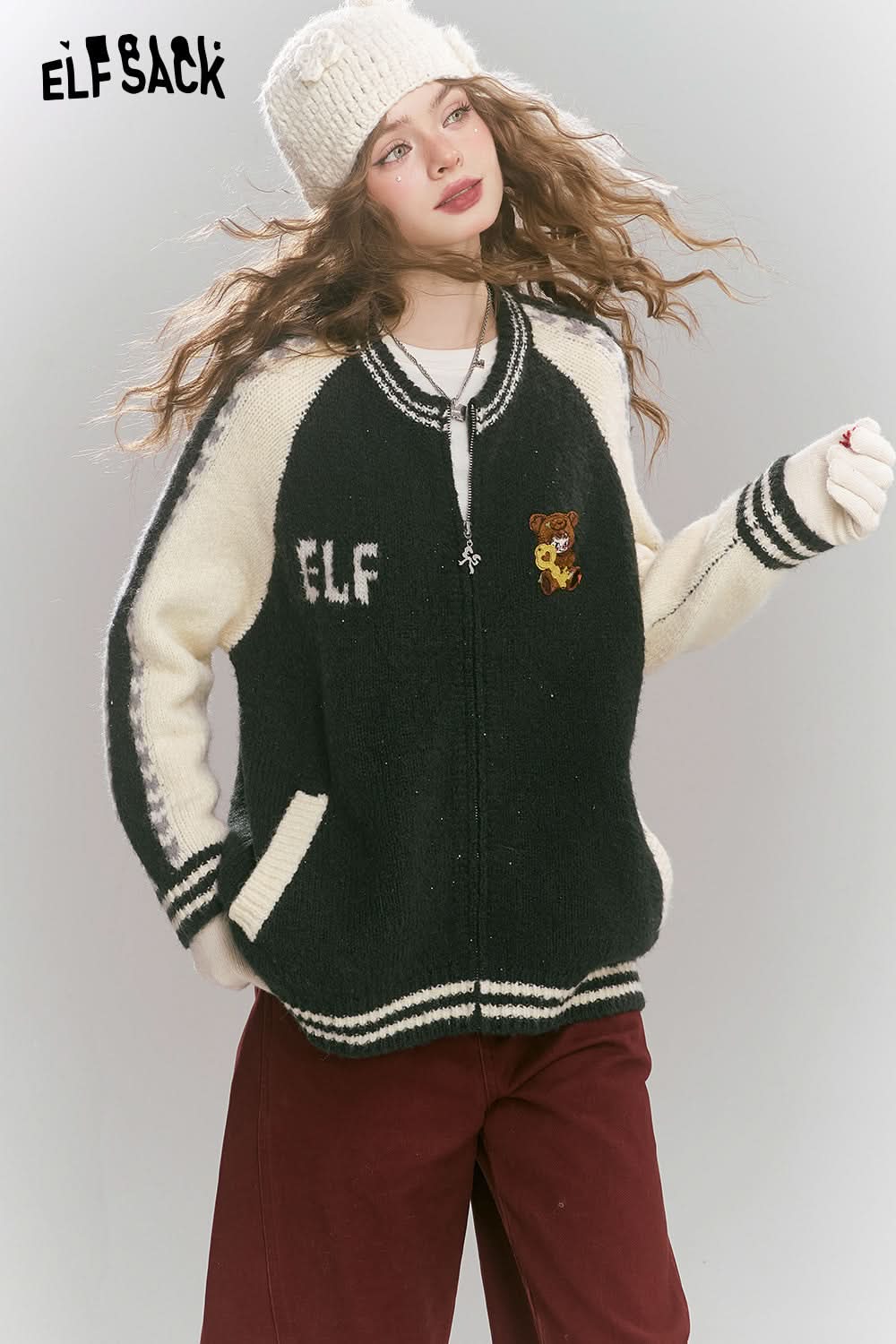 ELFSACK Sweet and Cool Raglan Sleeves with Cartoon Applique and Zipper Knitted Sweater Cardigan