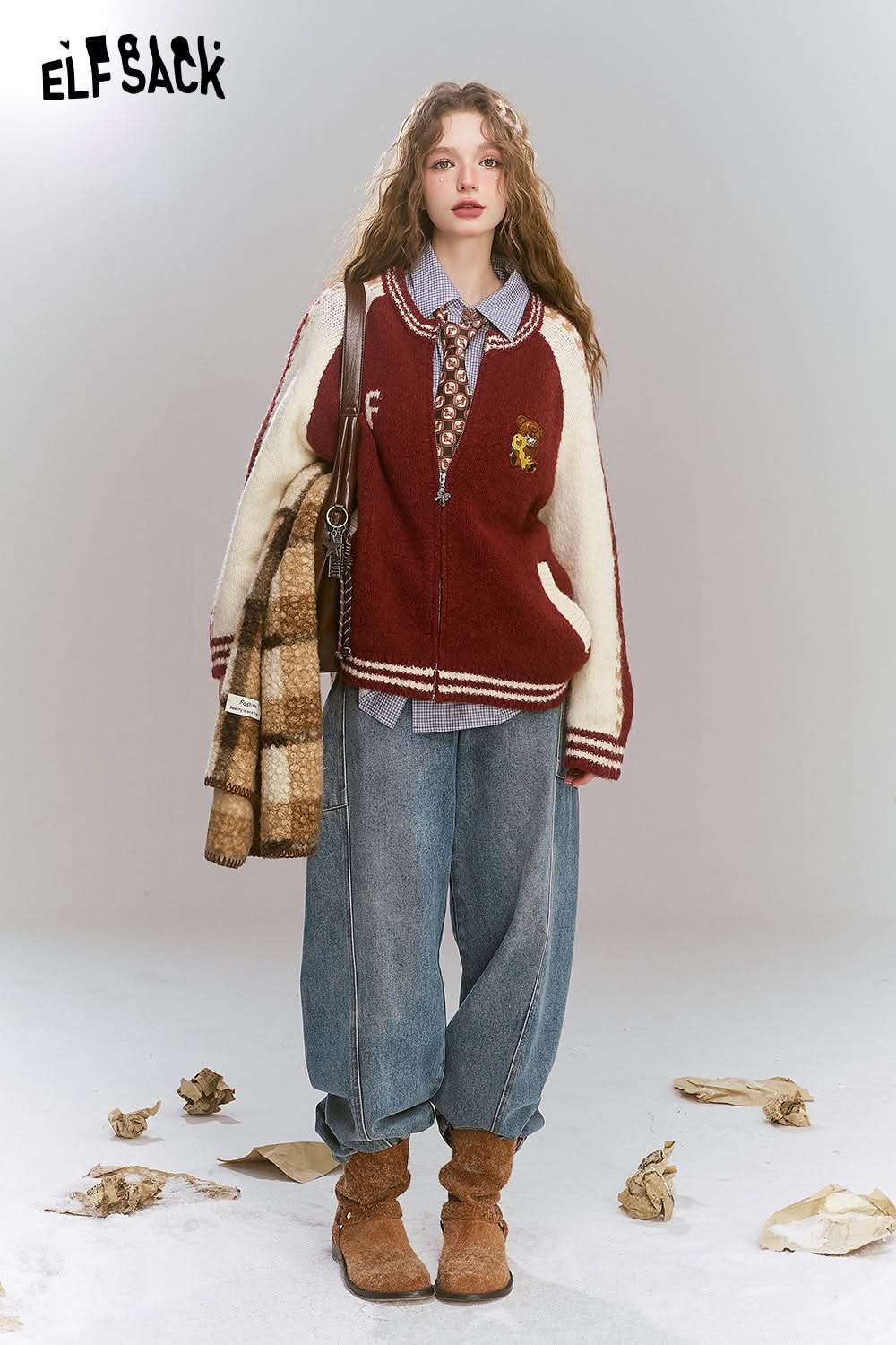 ELFSACK Sweet and Cool Raglan Sleeves with Cartoon Applique and Zipper Knitted Sweater Cardigan