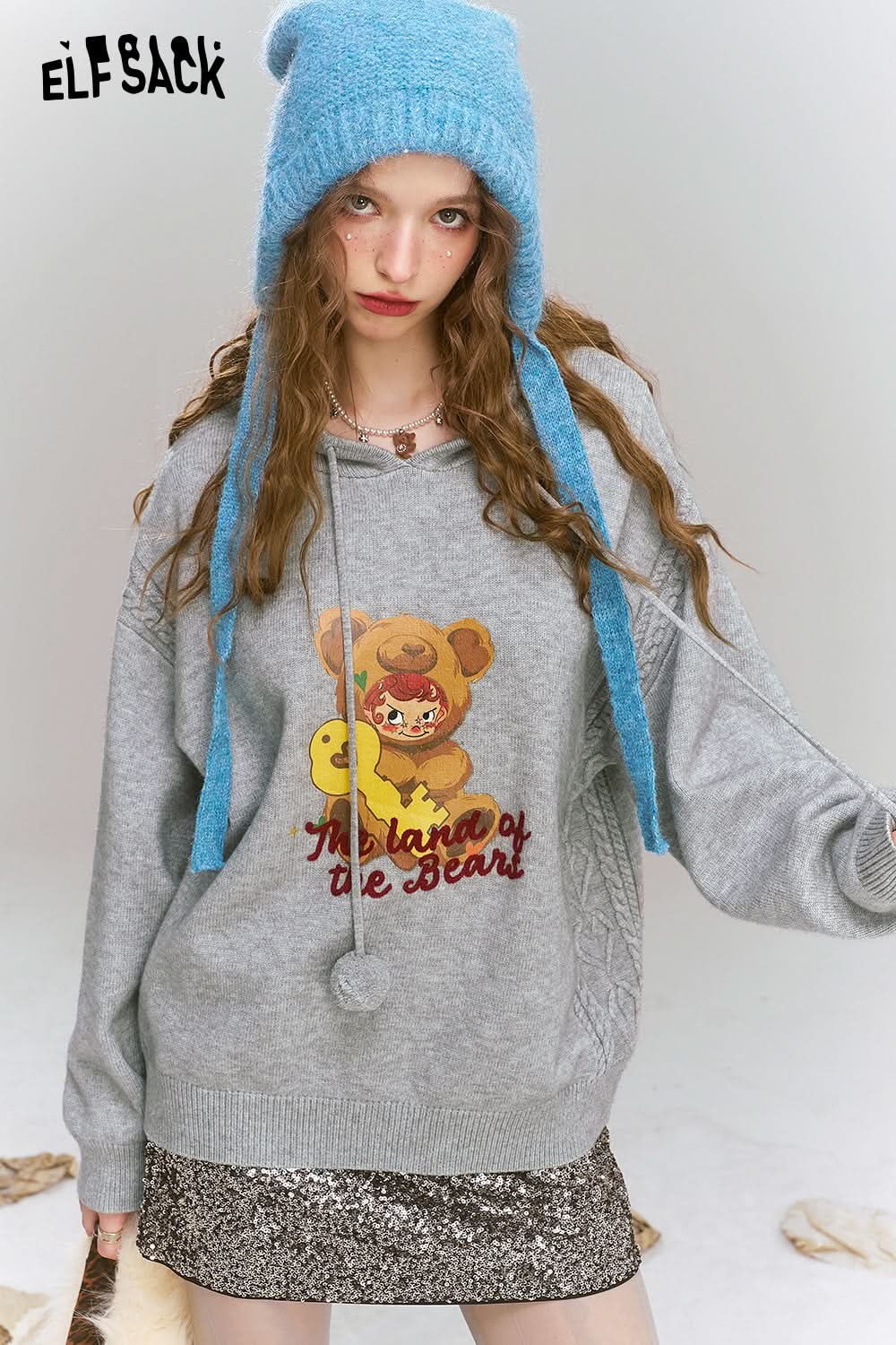 ELFSACK Grey bear hooded sweater, Versatile soft top