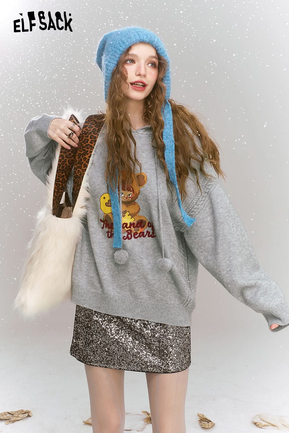 ELFSACK Grey bear hooded sweater, Versatile soft top