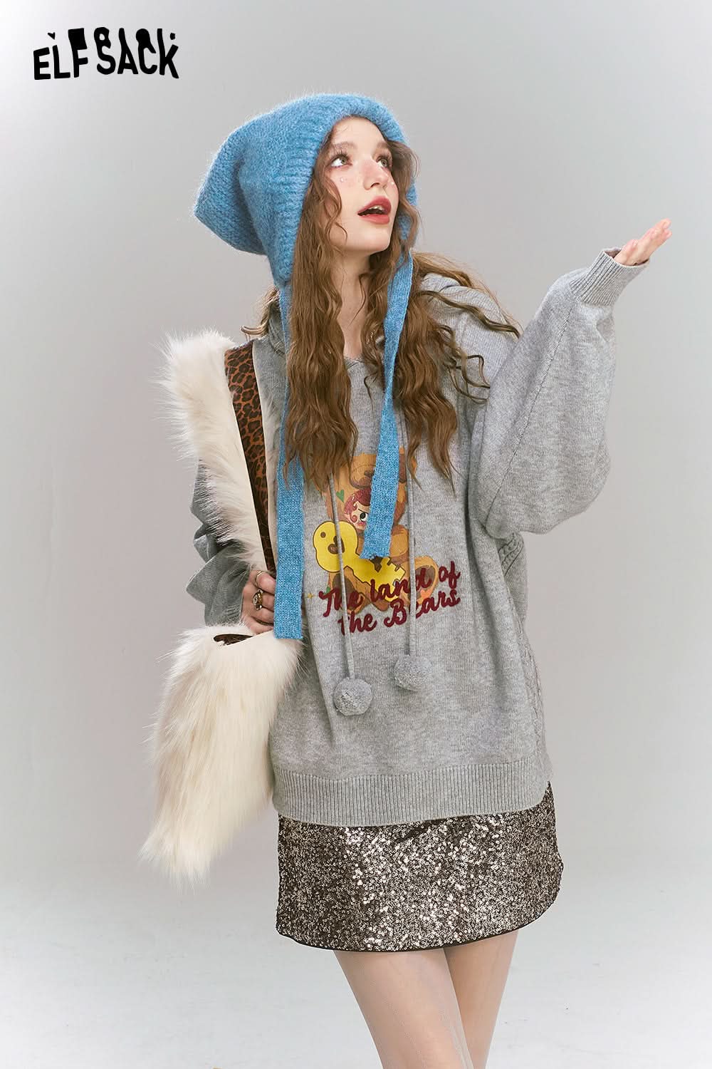 ELFSACK Grey bear hooded sweater, Versatile soft top