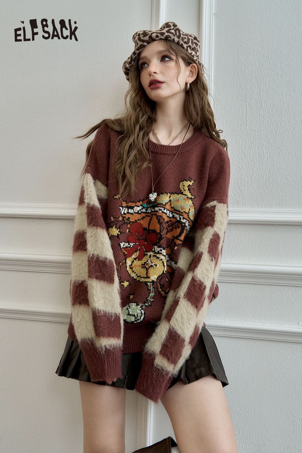 ELFSACK Retro checkerboard jacquard sweater, plush loose soft and sticky top