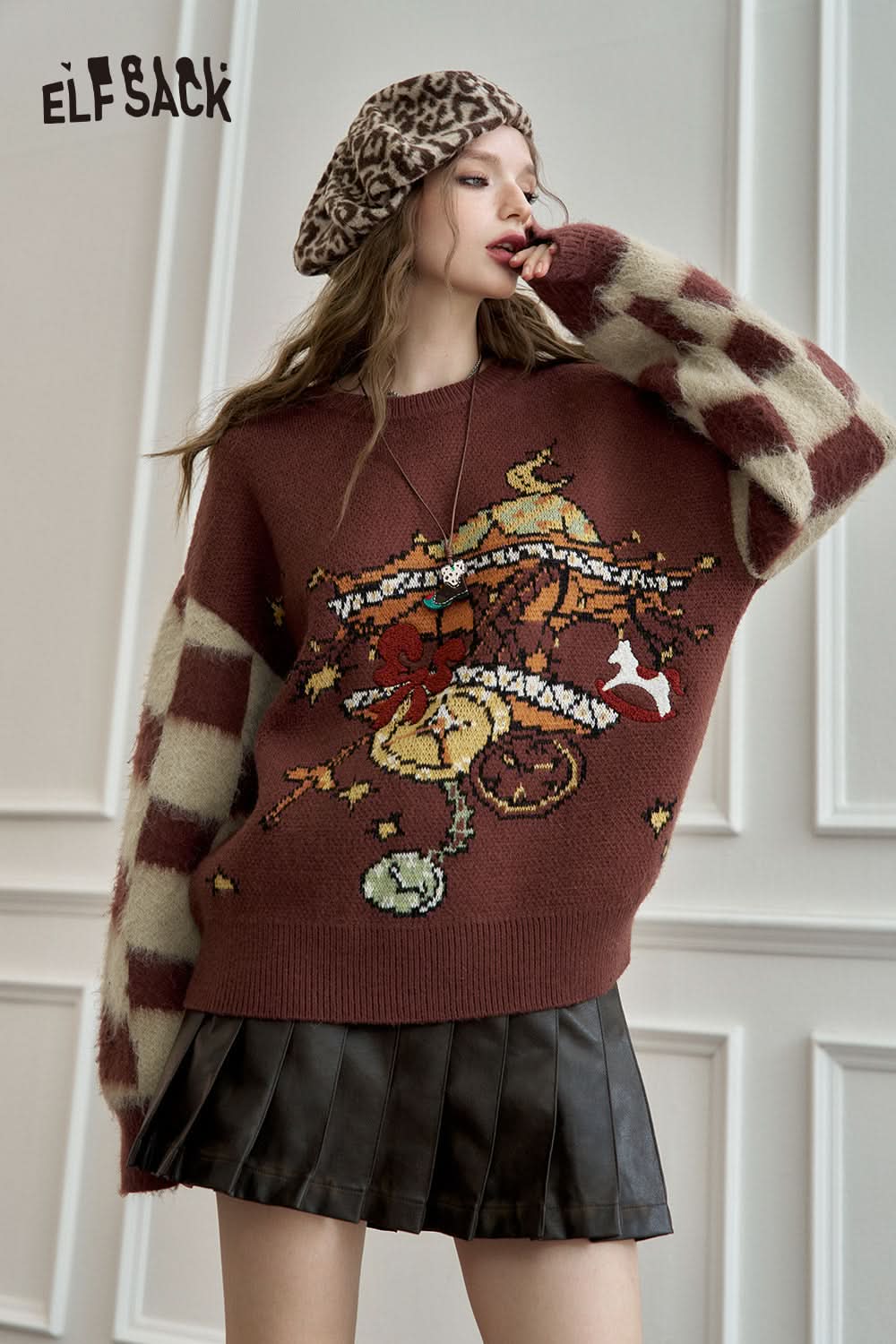 ELFSACK Retro checkerboard jacquard sweater, plush loose soft and sticky top