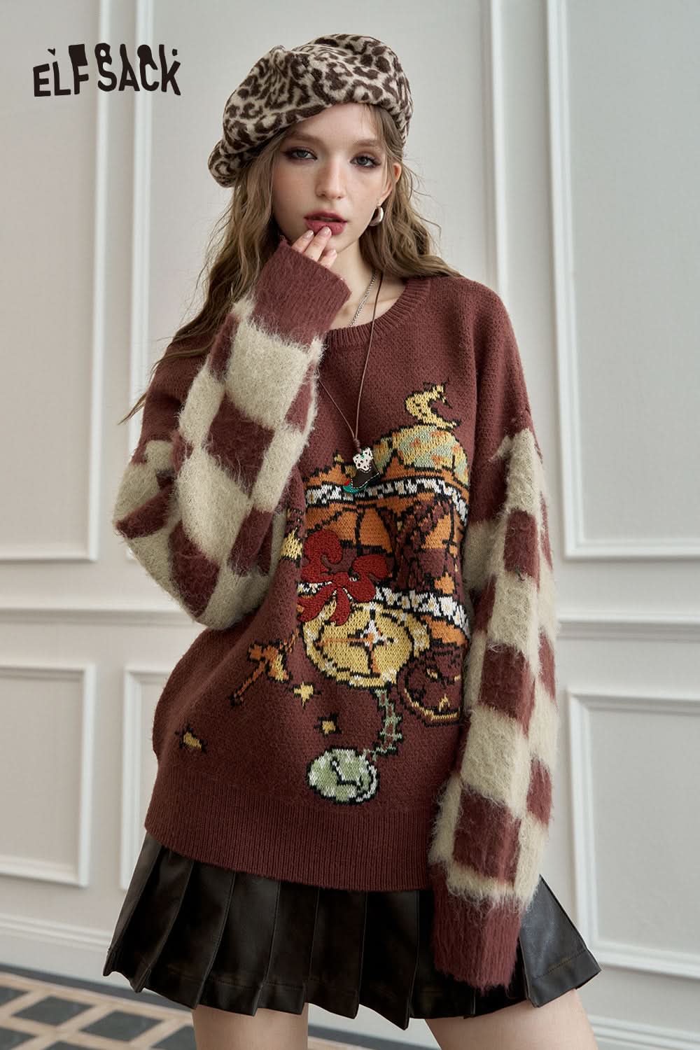 ELFSACK Retro checkerboard jacquard sweater, plush loose soft and sticky top