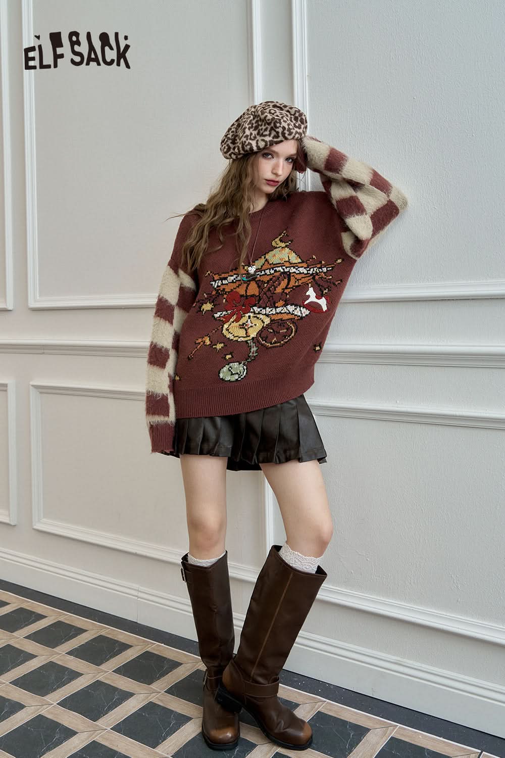 ELFSACK Retro checkerboard jacquard sweater, plush loose soft and sticky top