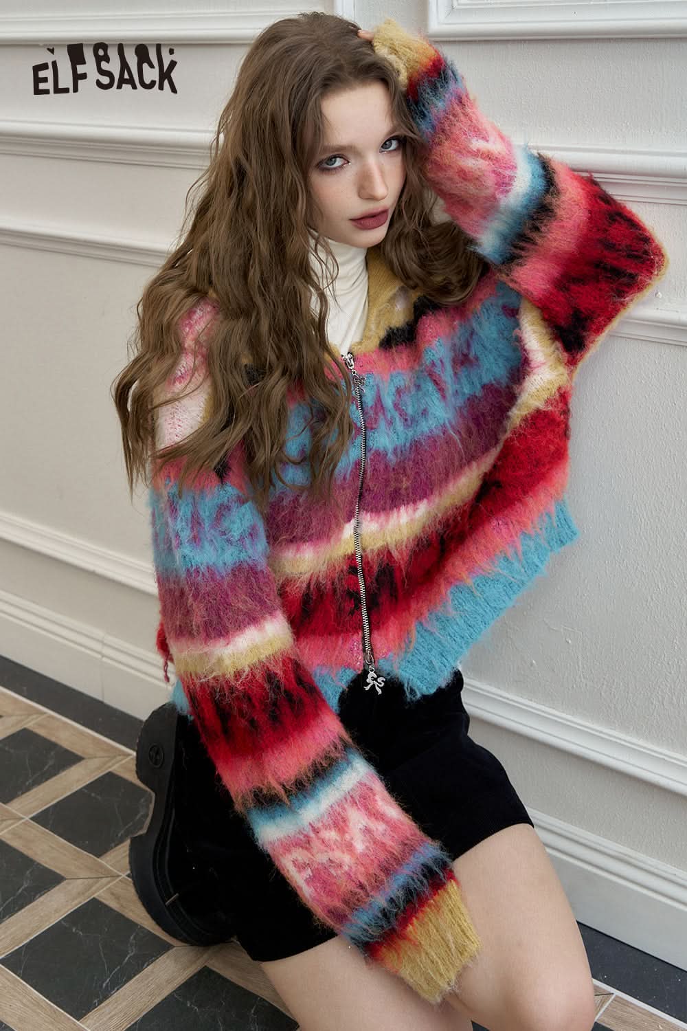 ELFSACK Colorful long haired striped zipper hooded sweater cardigan