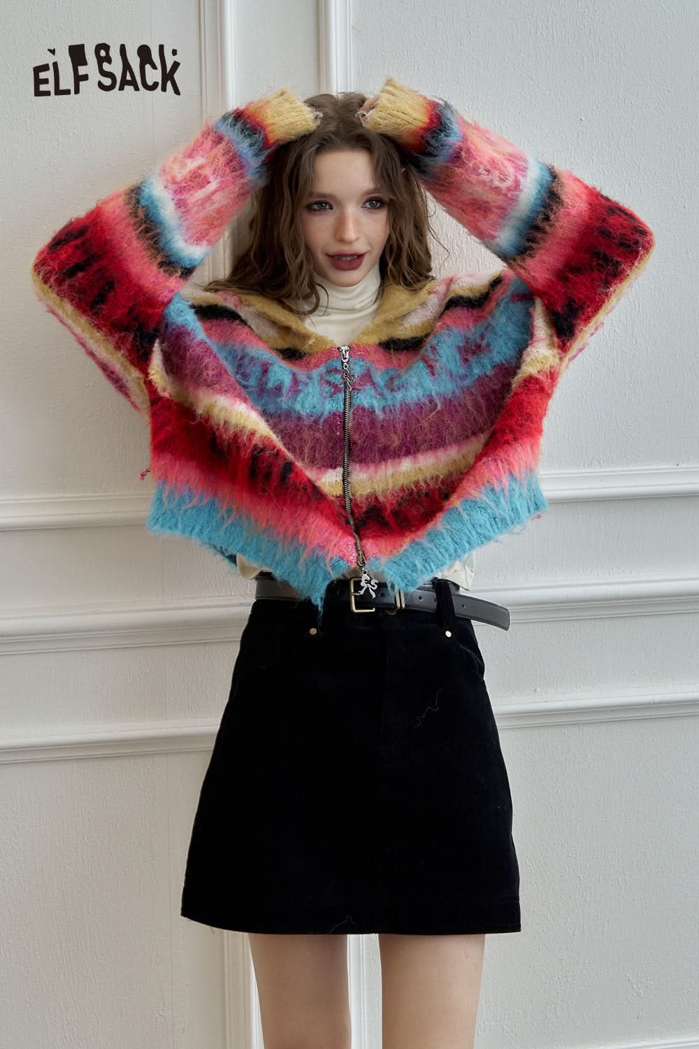 ELFSACK Colorful long haired striped zipper hooded sweater cardigan