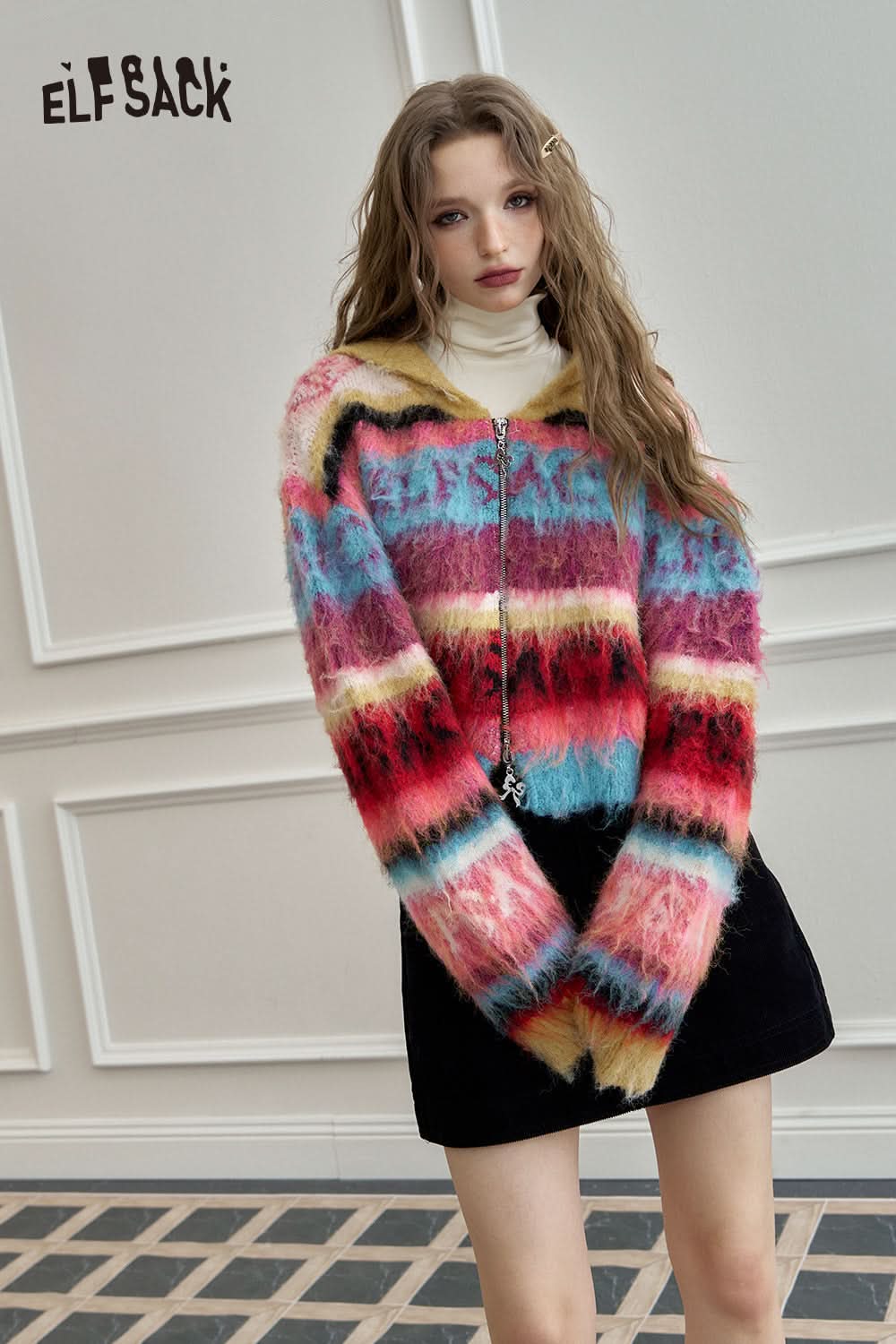 ELFSACK Colorful long haired striped zipper hooded sweater cardigan