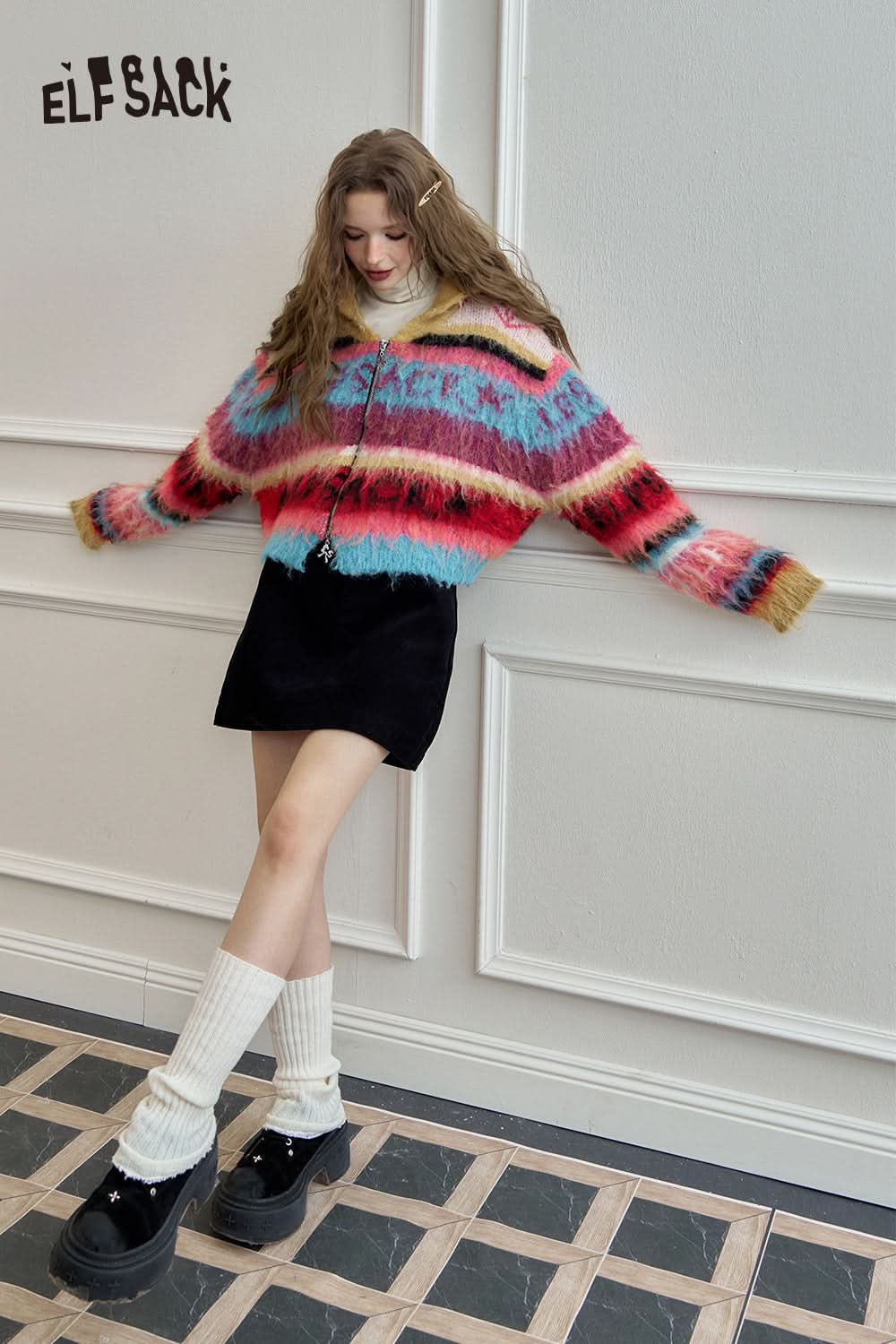 ELFSACK Colorful long haired striped zipper hooded sweater cardigan