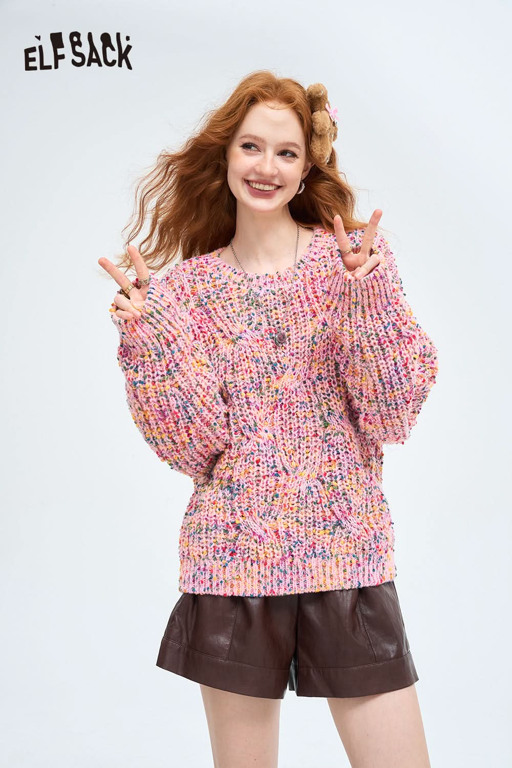 ELFSACK Pink colored dot pullover sweater, lazy style soft and loose top