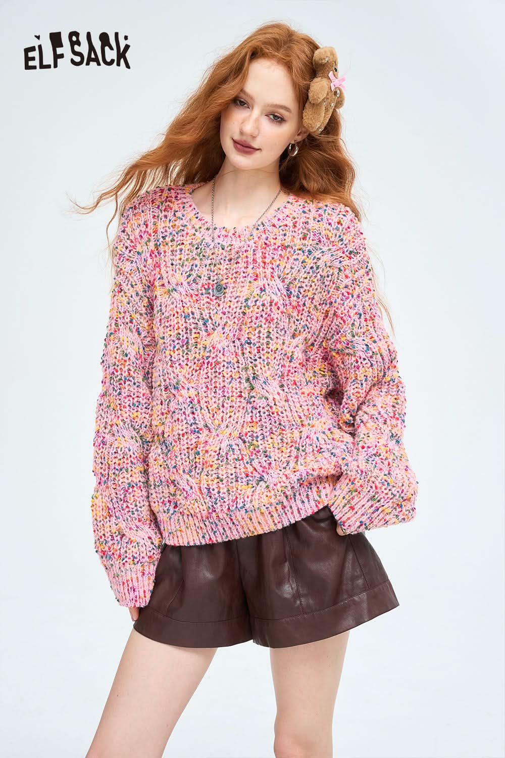 ELFSACK Pink colored dot pullover sweater, lazy style soft and loose top