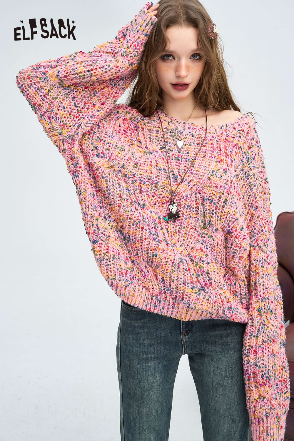 ELFSACK Pink colored dot pullover sweater, lazy style soft and loose top