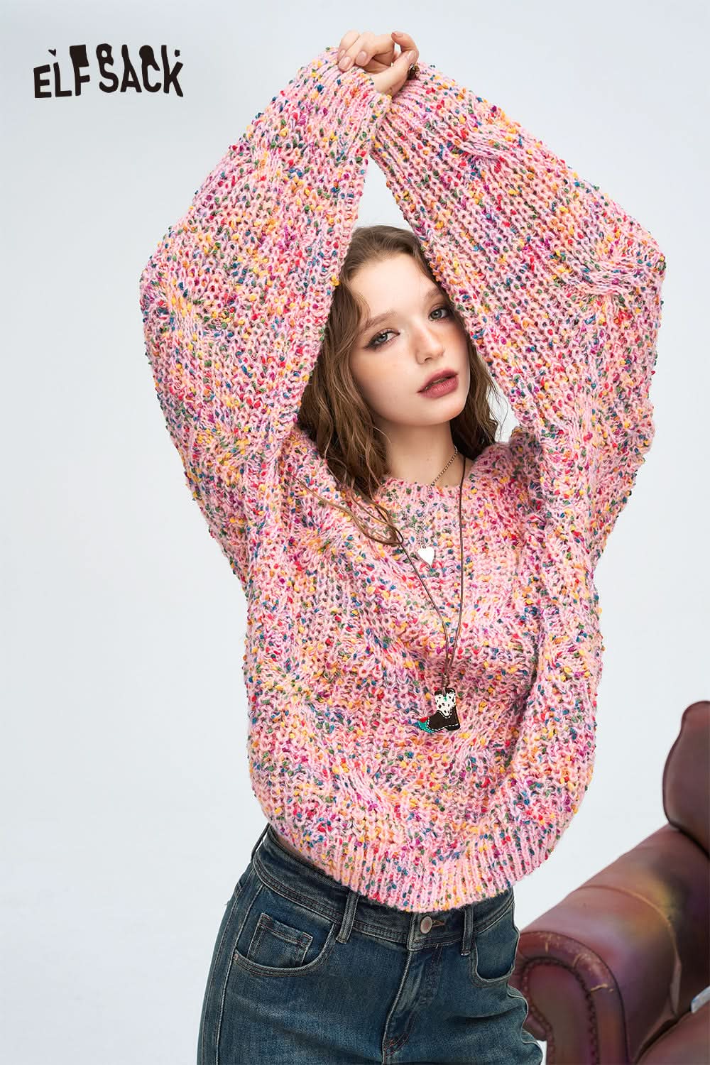 ELFSACK Pink colored dot pullover sweater, lazy style soft and loose top