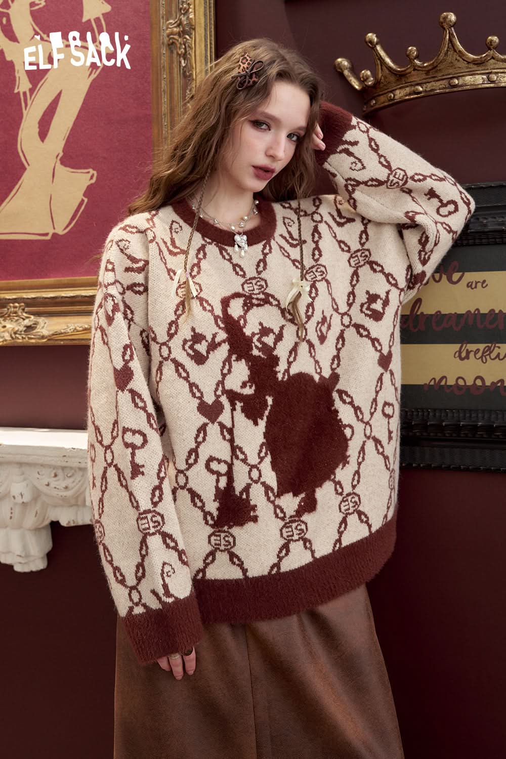 ELFSACK Retro Preppy Style pullover sweater
