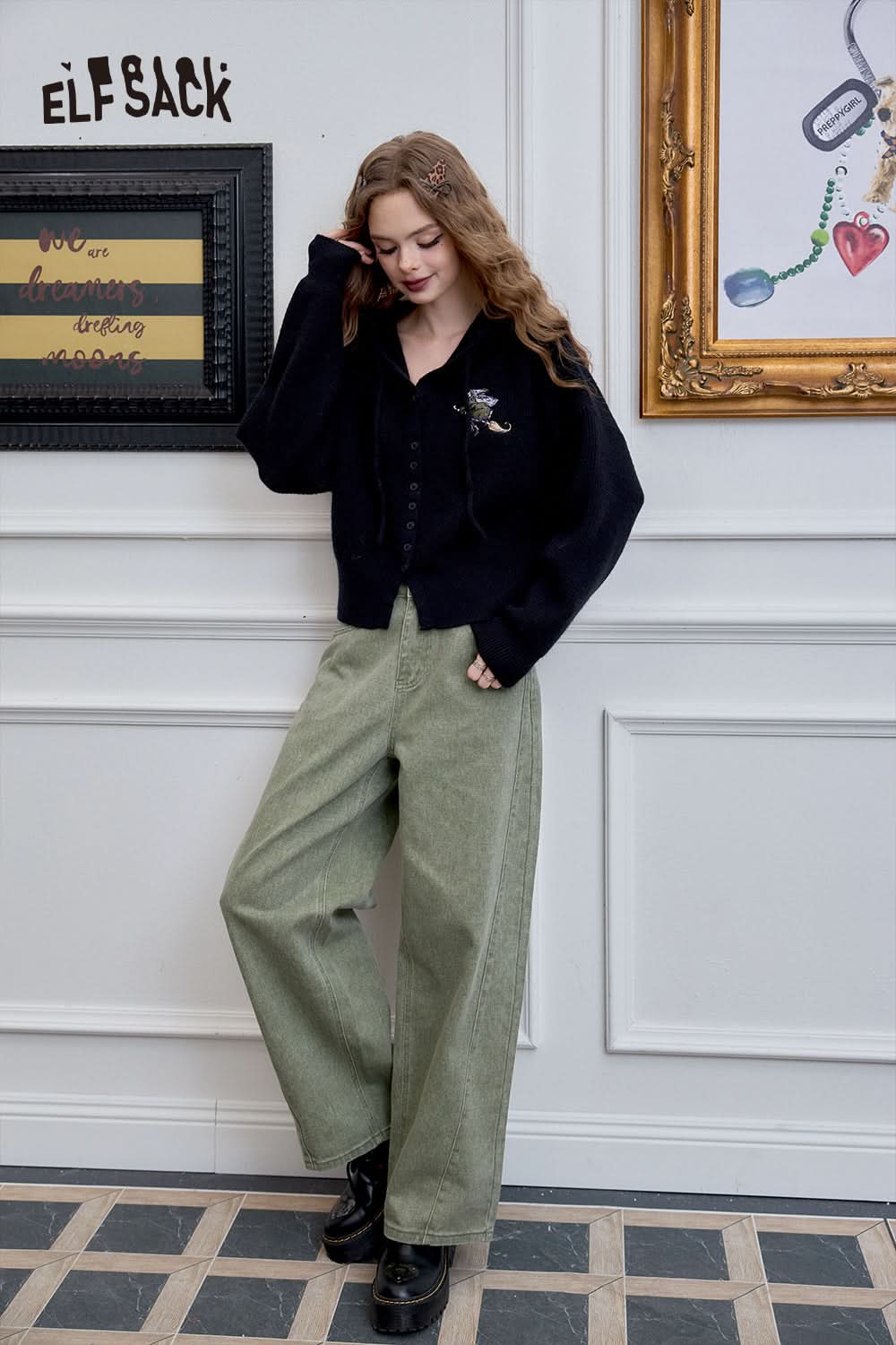 ELFSACK Retro Preppy Style hooded short sweater cardigan