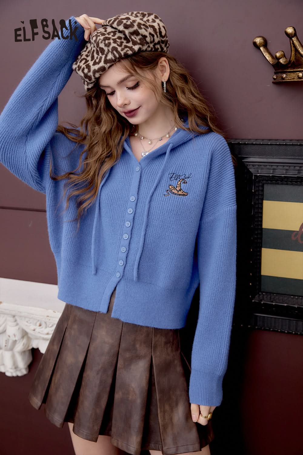 ELFSACK Retro Preppy Style hooded short sweater cardigan