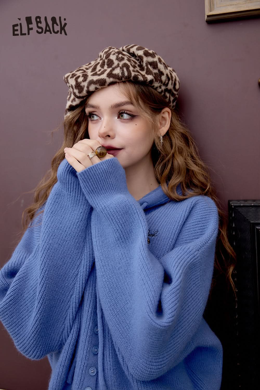 ELFSACK Retro Preppy Style hooded short sweater cardigan