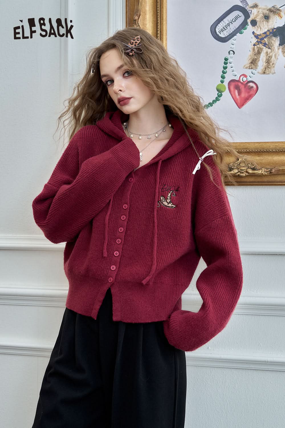 ELFSACK Retro Preppy Style hooded short sweater cardigan