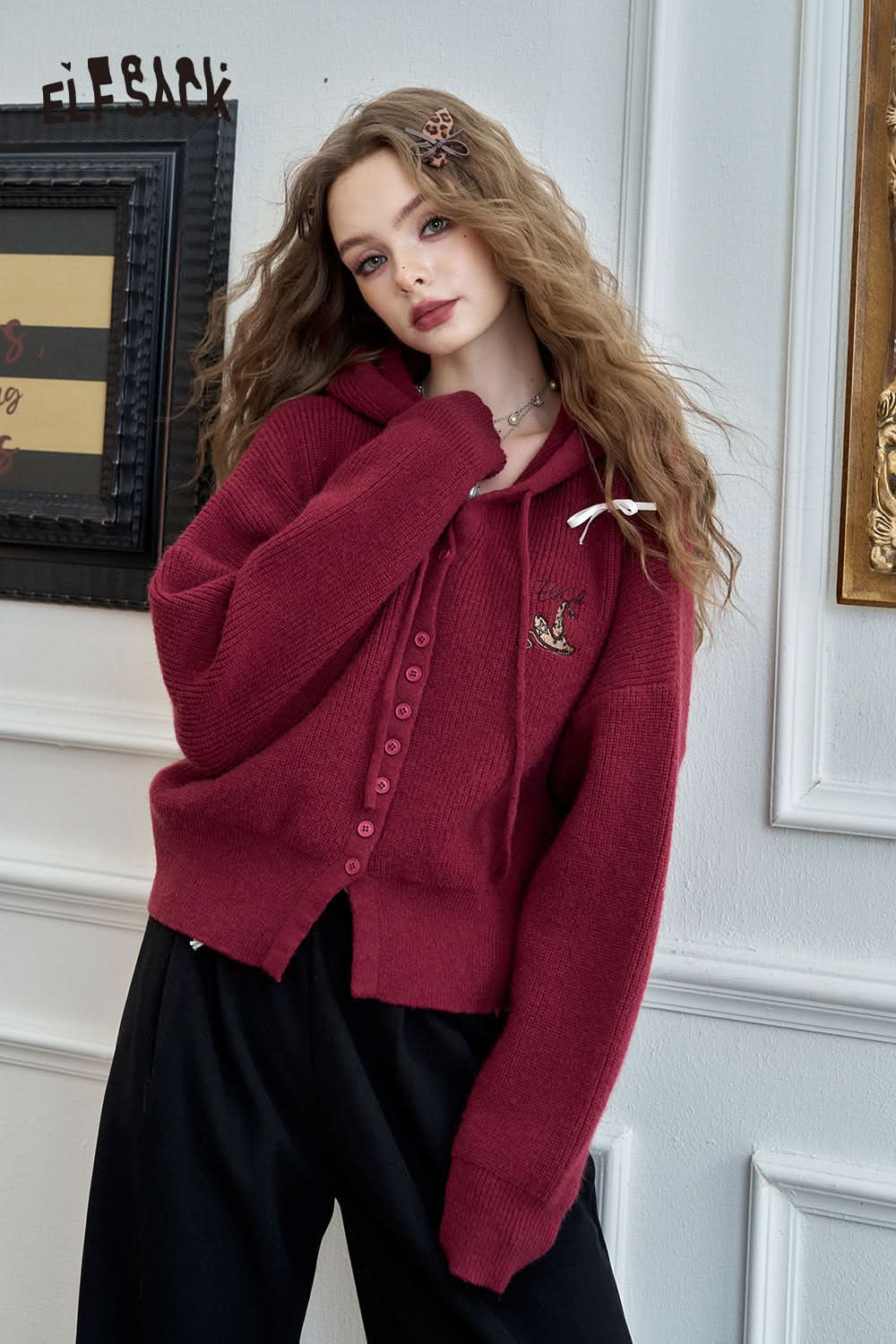 ELFSACK Retro Preppy Style hooded short sweater cardigan