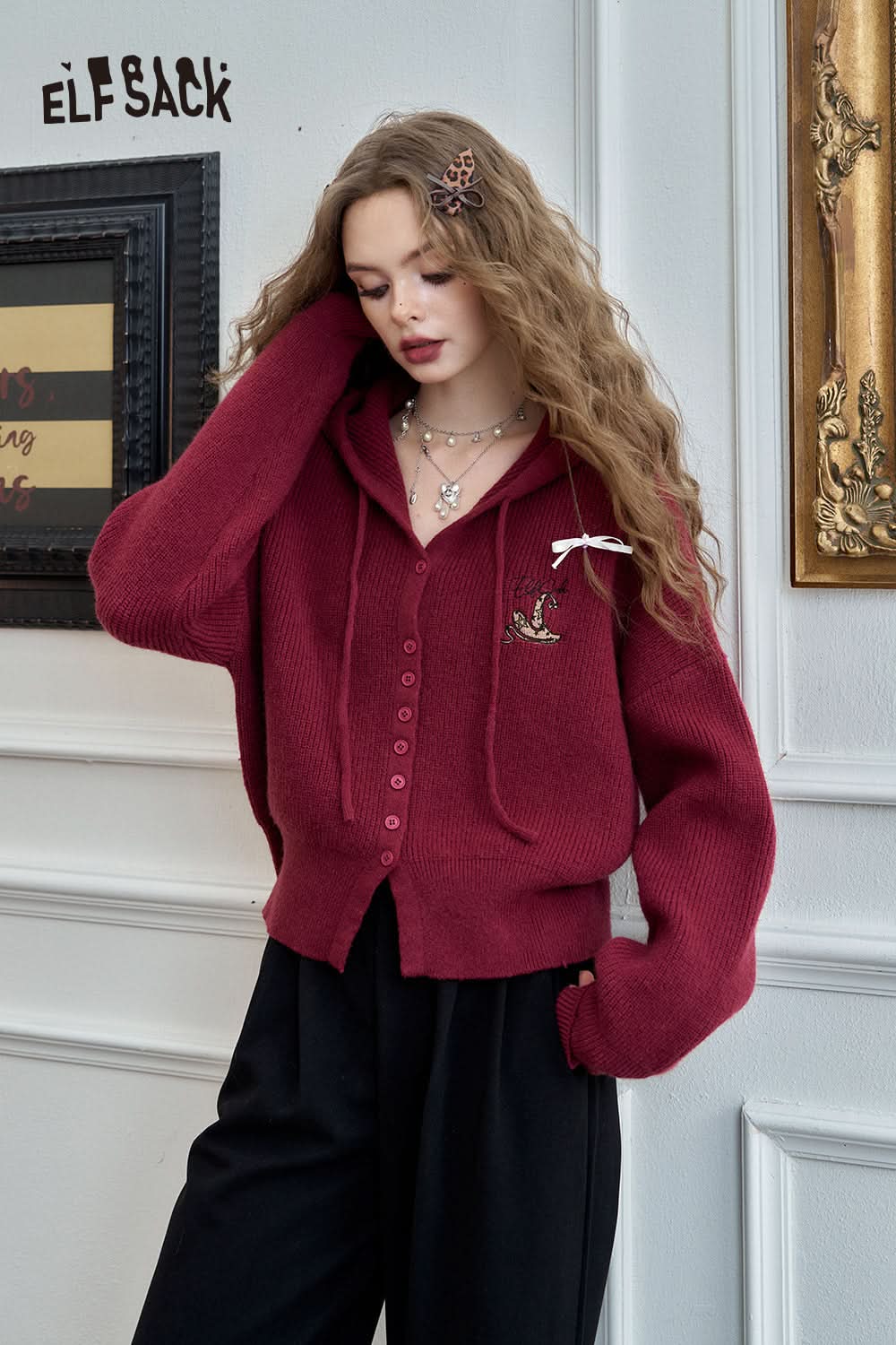 ELFSACK Retro Preppy Style hooded short sweater cardigan
