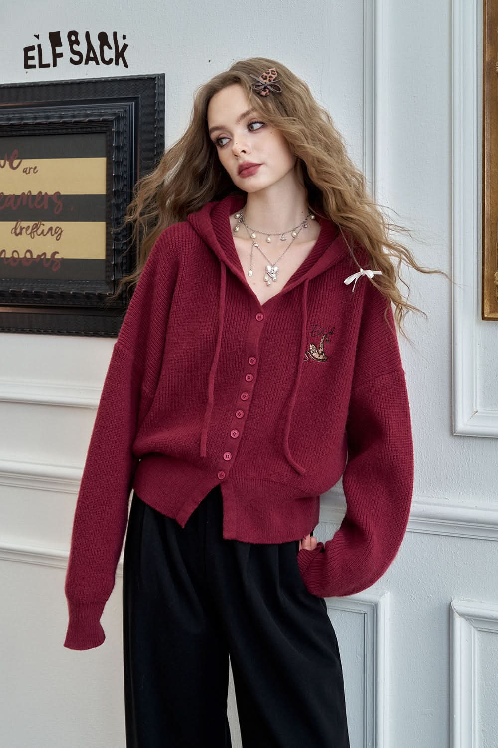 ELFSACK Retro Preppy Style hooded short sweater cardigan