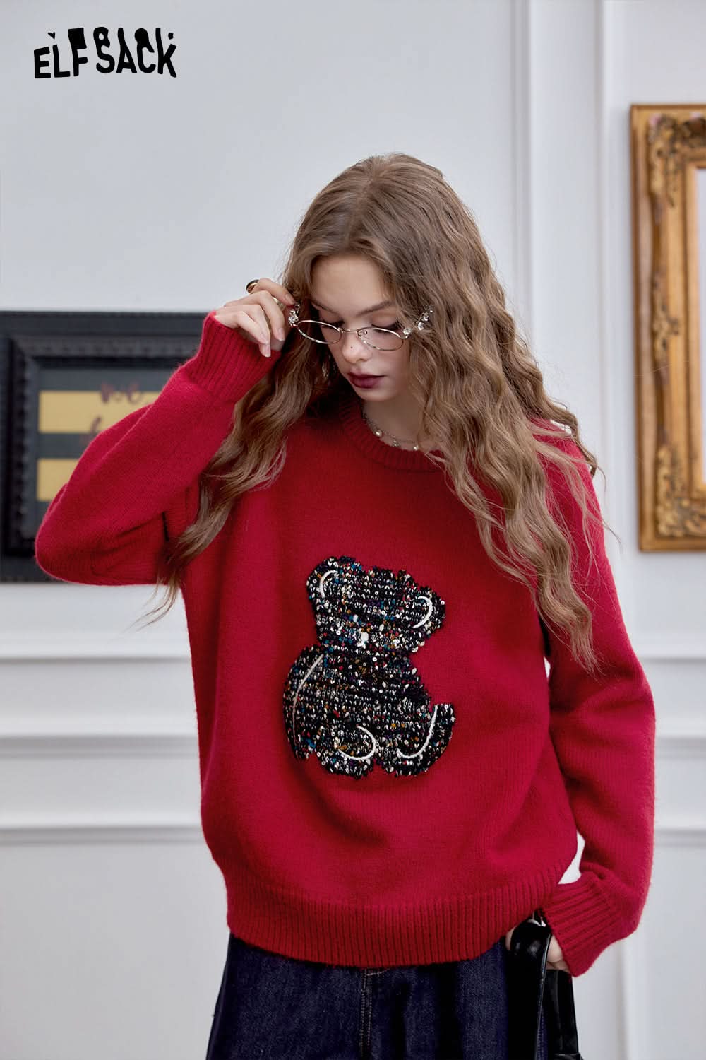 ELFSACK bear red pullover sweater, versatile, loose and soft
