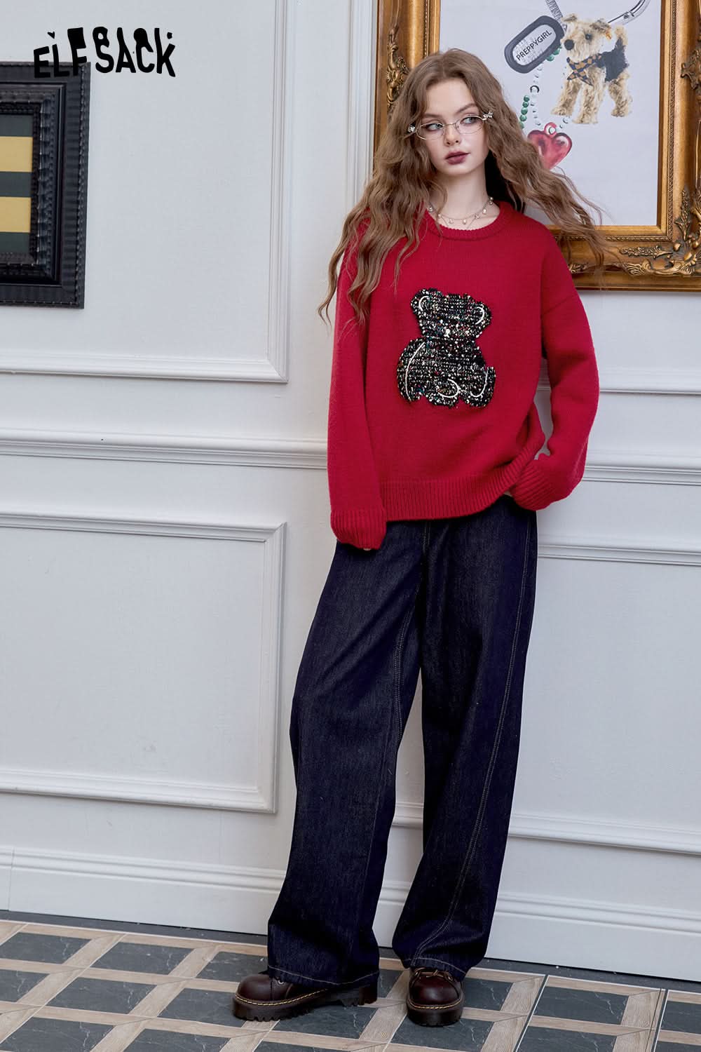 ELFSACK bear red pullover sweater, versatile, loose and soft