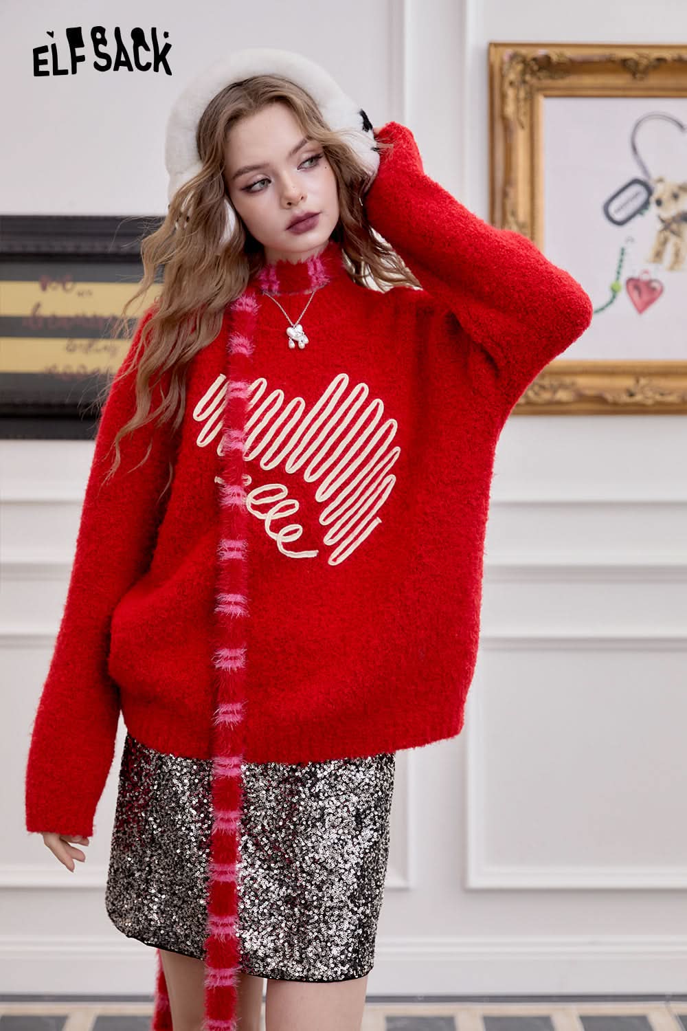 ELFSACK Red Fluffy Pullover Sweater Women Long-sleeve Loose Casual Soft Top