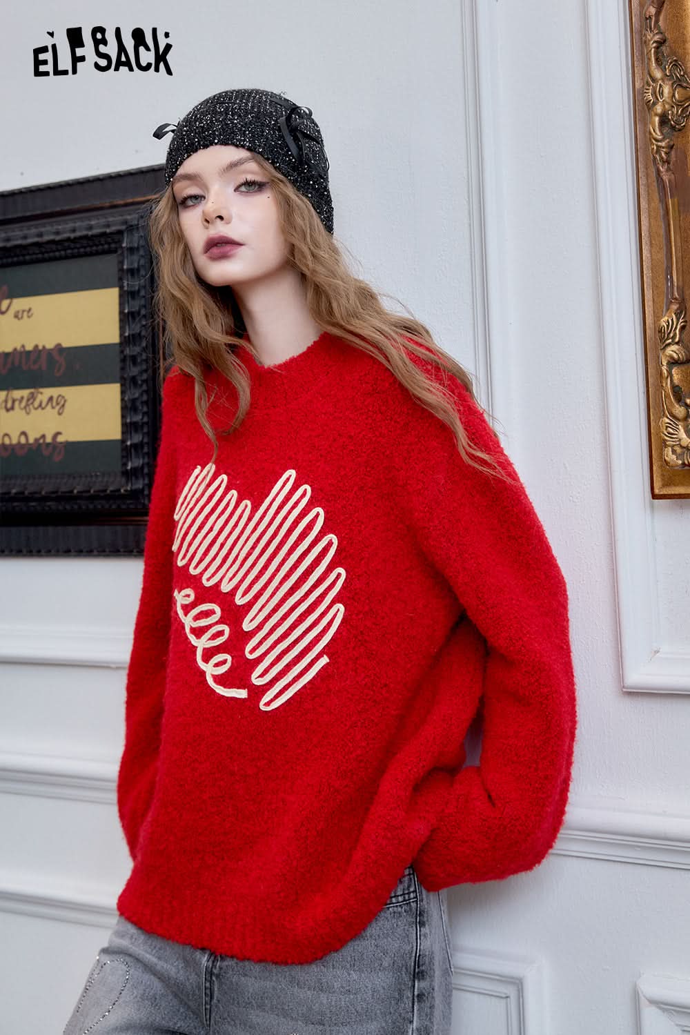 ELFSACK Red Fluffy Pullover Sweater Women Long-sleeve Loose Casual Soft Top